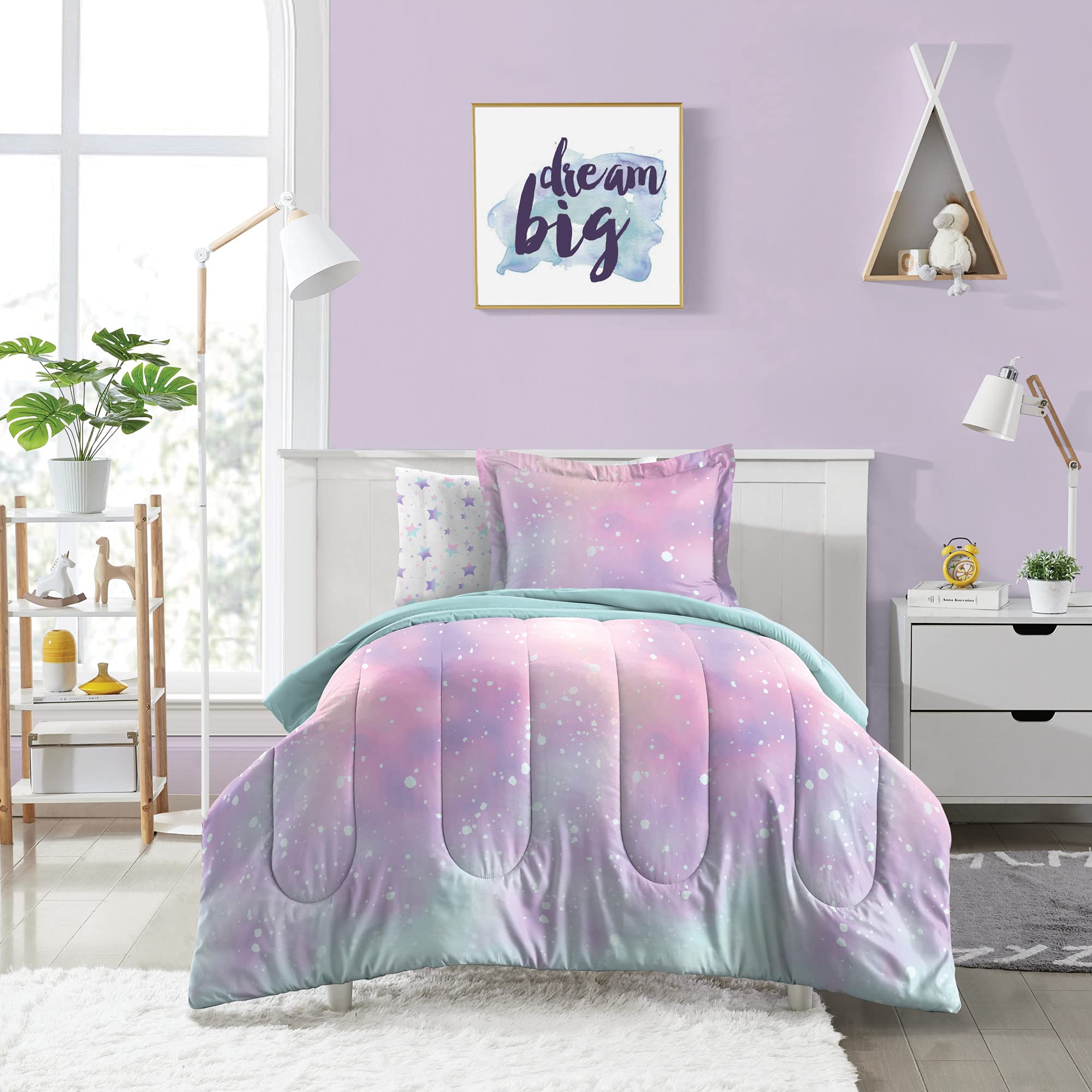 dream FACTORY comforter reversed to solid teal showing versatile look and calming bedroom benefit