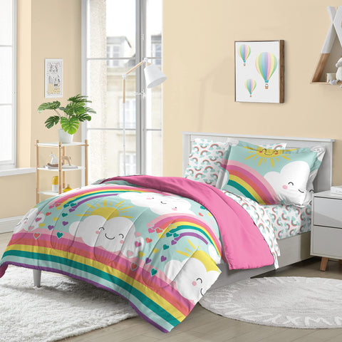 dream FACTORY front view showing rainbow comforter and teal accents for cheerful bedroom
