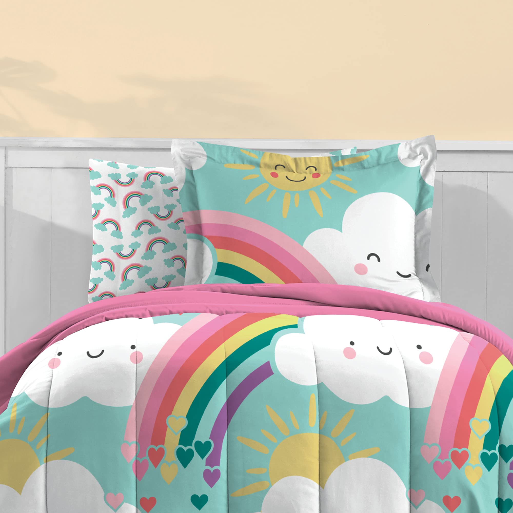 dream FACTORY close-up of rainbow sheet print showing bright colors and soft texture