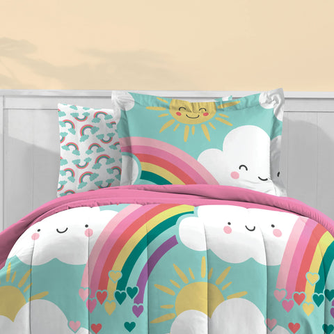 dream FACTORY close-up of rainbow sheet print showing bright colors and soft texture