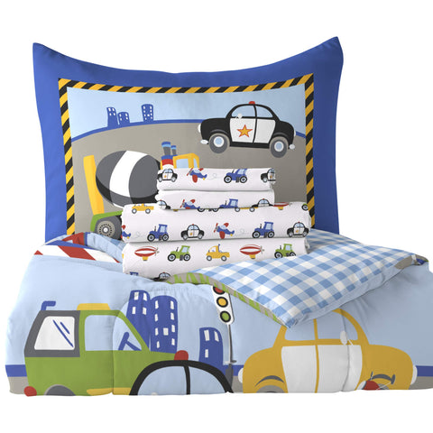dream FACTORY sheet pattern of small vehicles on white background for coordinated look