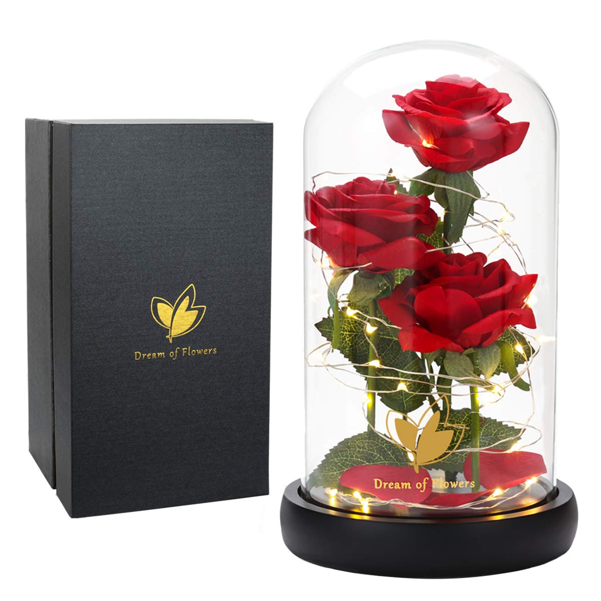 Dream of Flowers front view glass dome showing elegant preserved rose and lights