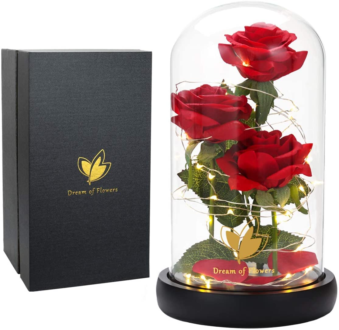 Dream of Flowers front view glass dome showcasing preserved rose and glow