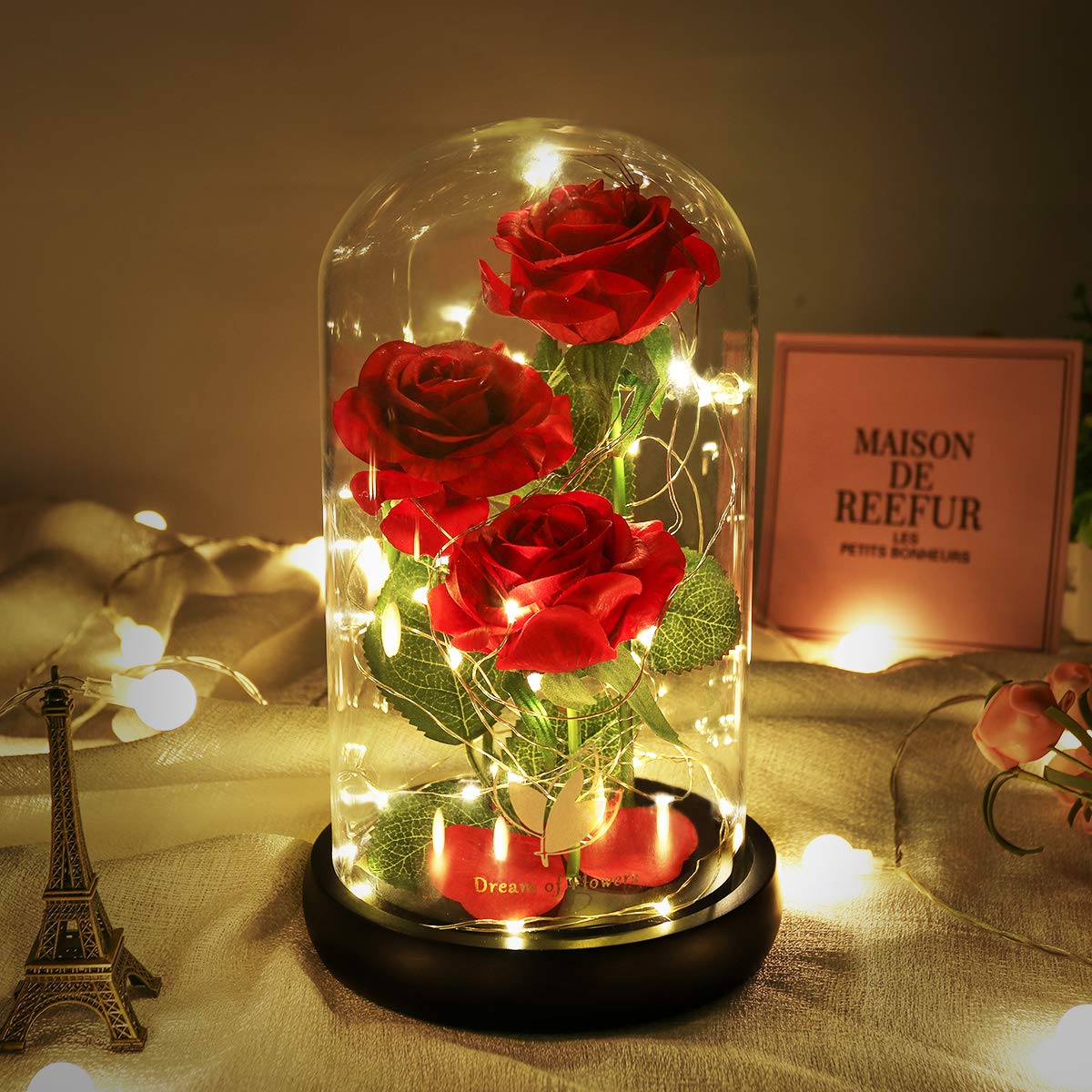 Dream of Flowers front view glass dome showing elegant lasting rose and ambient glow