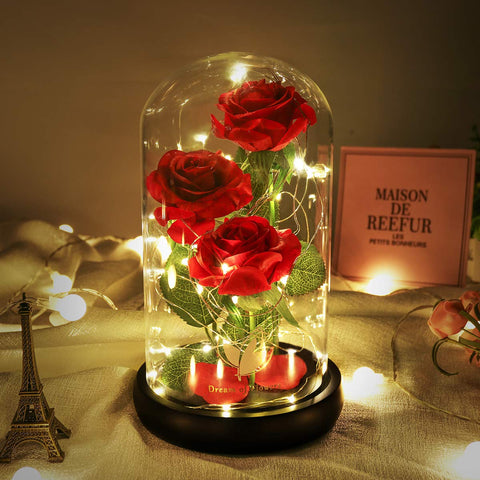 Dream of Flowers front view glass dome showing elegant lasting rose and ambient glow