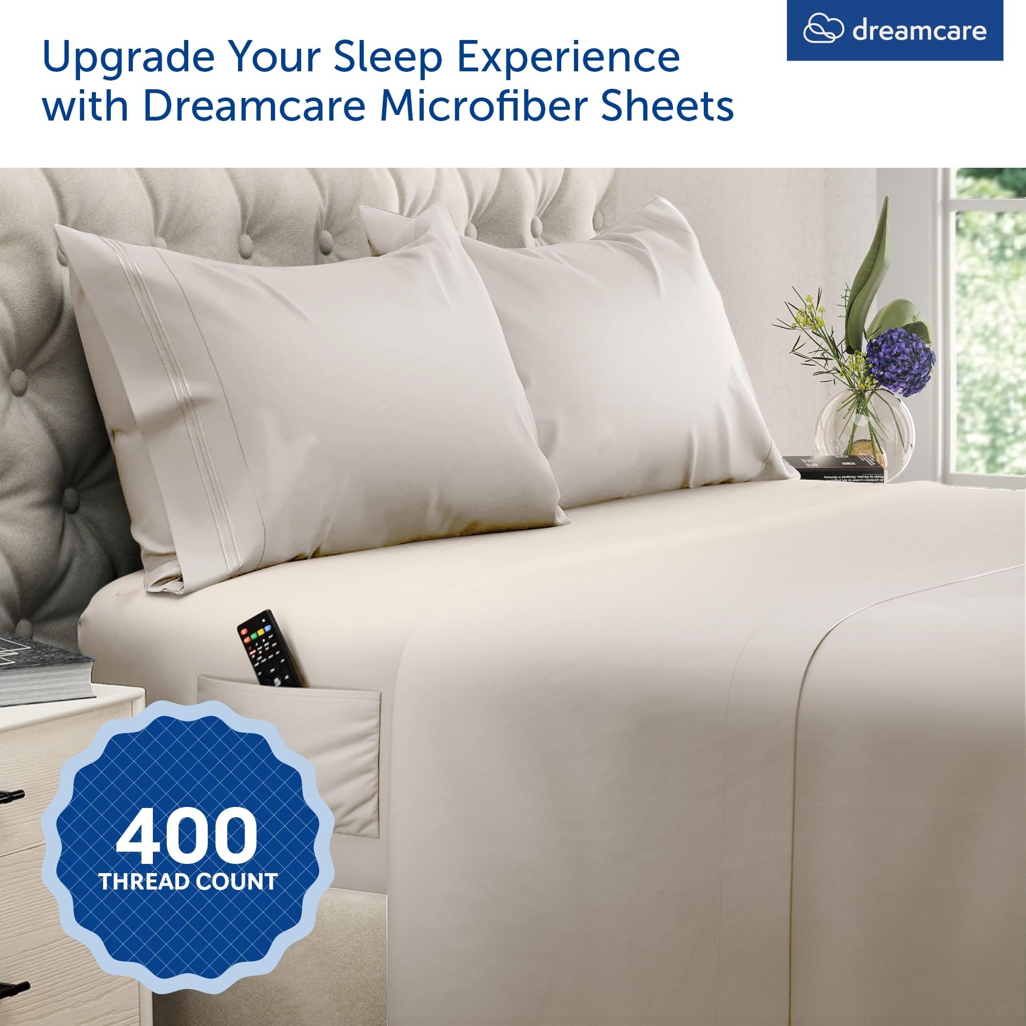 DREAMCARE beige flat sheet spread on bed highlighting crisp look and easy styling