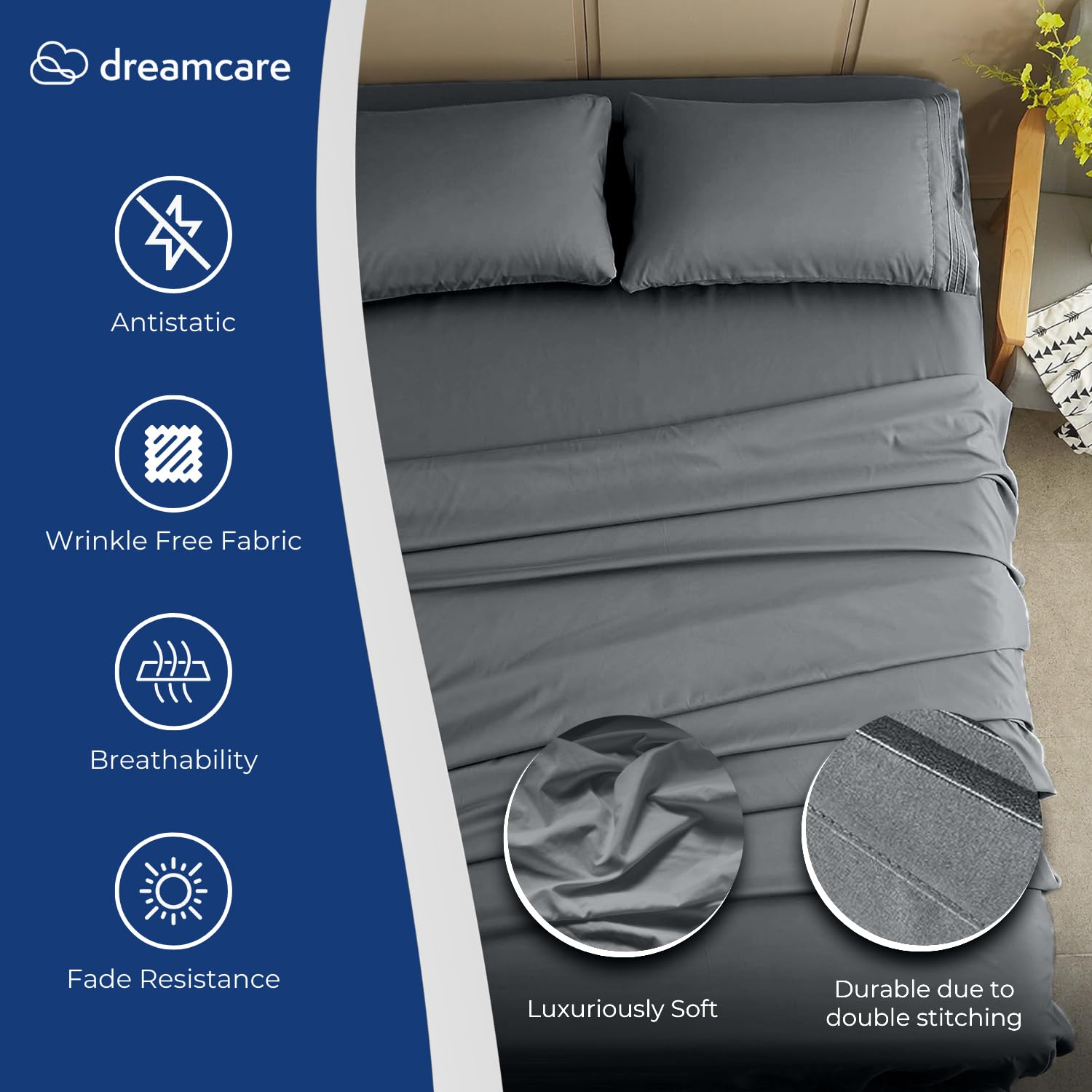 DREAMCARE dark gray flat sheet spread on bed showing full coverage and drape
