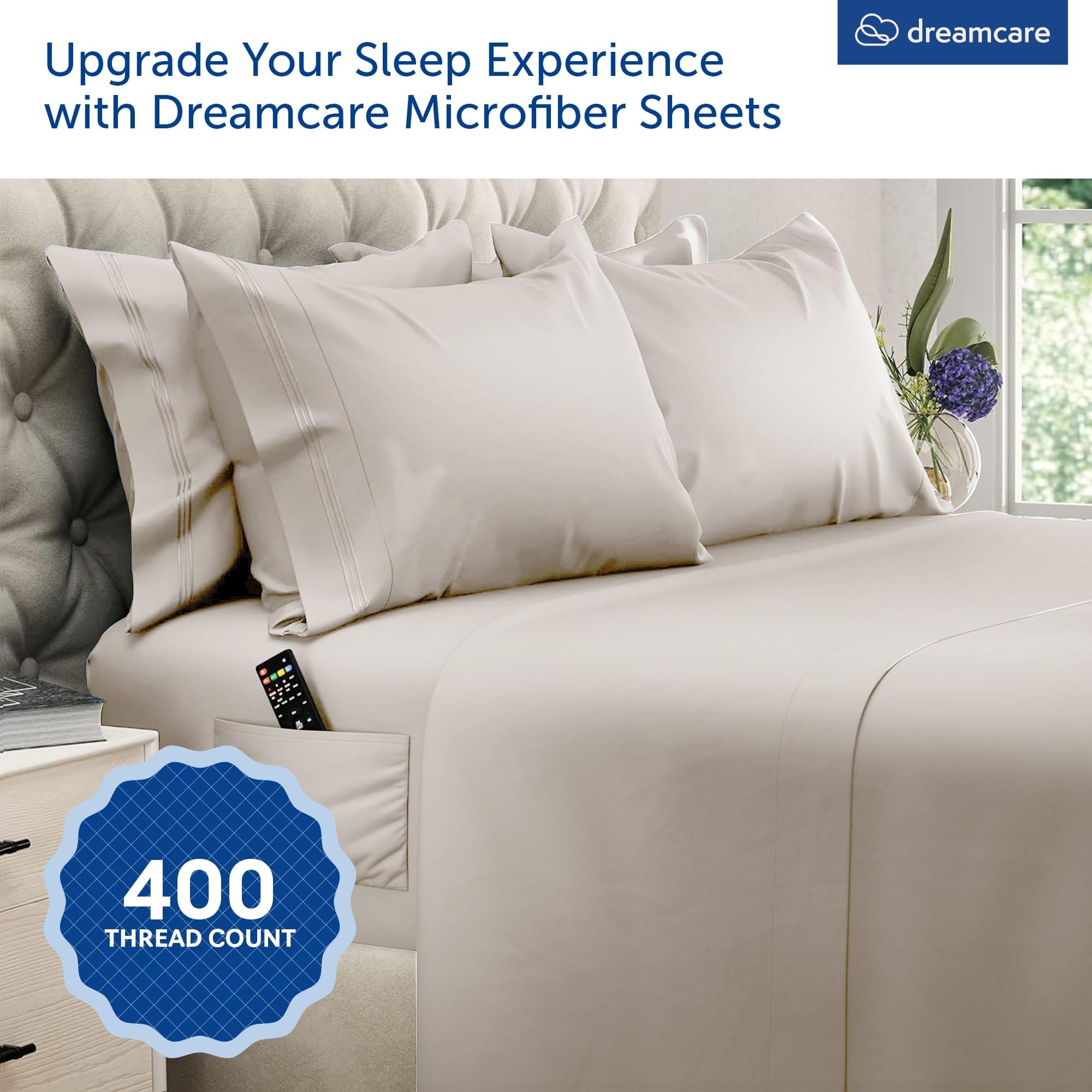 DREAMCARE fitted sheet close-up showing side pocket for easy bedside storage