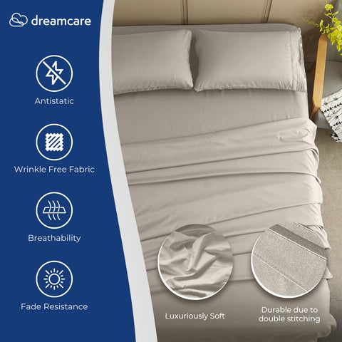 DREAMCARE fitted sheet close-up showing elastic edge and secure fit benefit