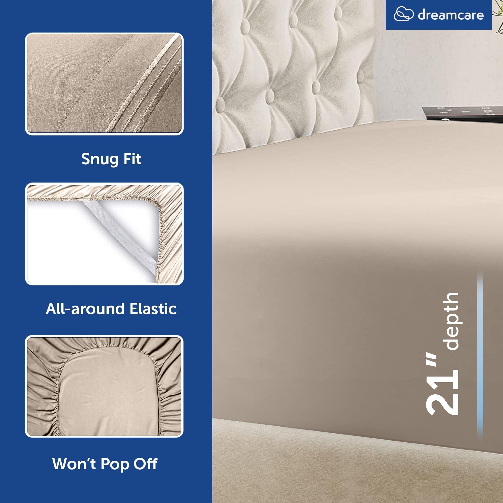 DREAMCARE fitted sheet on 21-inch mattress illustrating deep-pocket fit