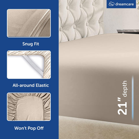 DREAMCARE fitted sheet on 21-inch mattress illustrating deep-pocket fit