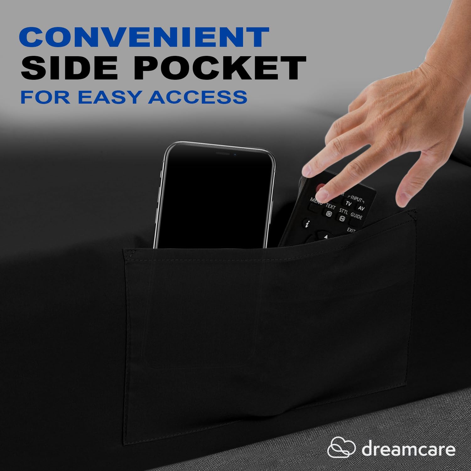 DREAMCARE folded flat sheet in black showing smooth finish benefit