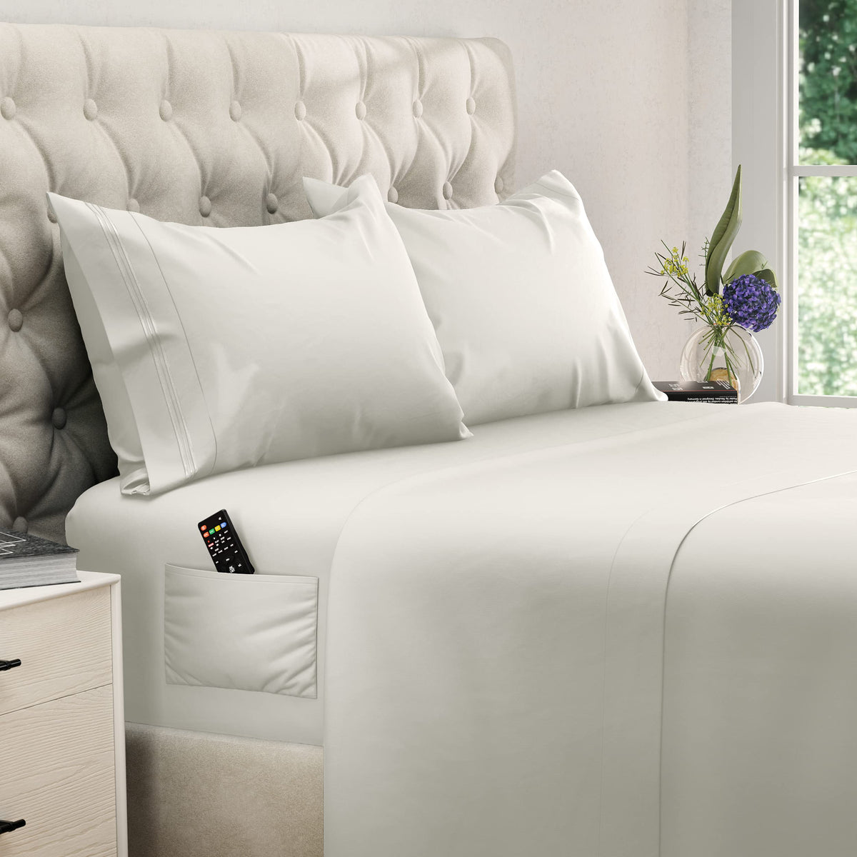 DREAMCARE front packaging showing ivory queen sheet set and benefits