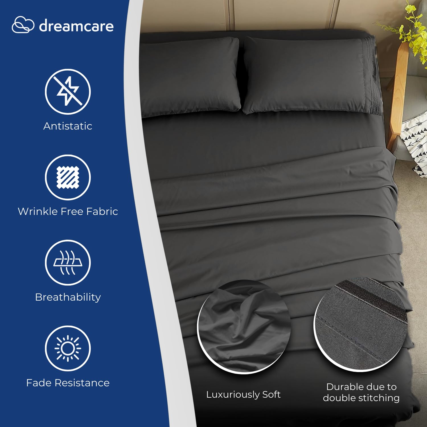 DREAMCARE fitted sheet detail showing elastic corners for secure fit