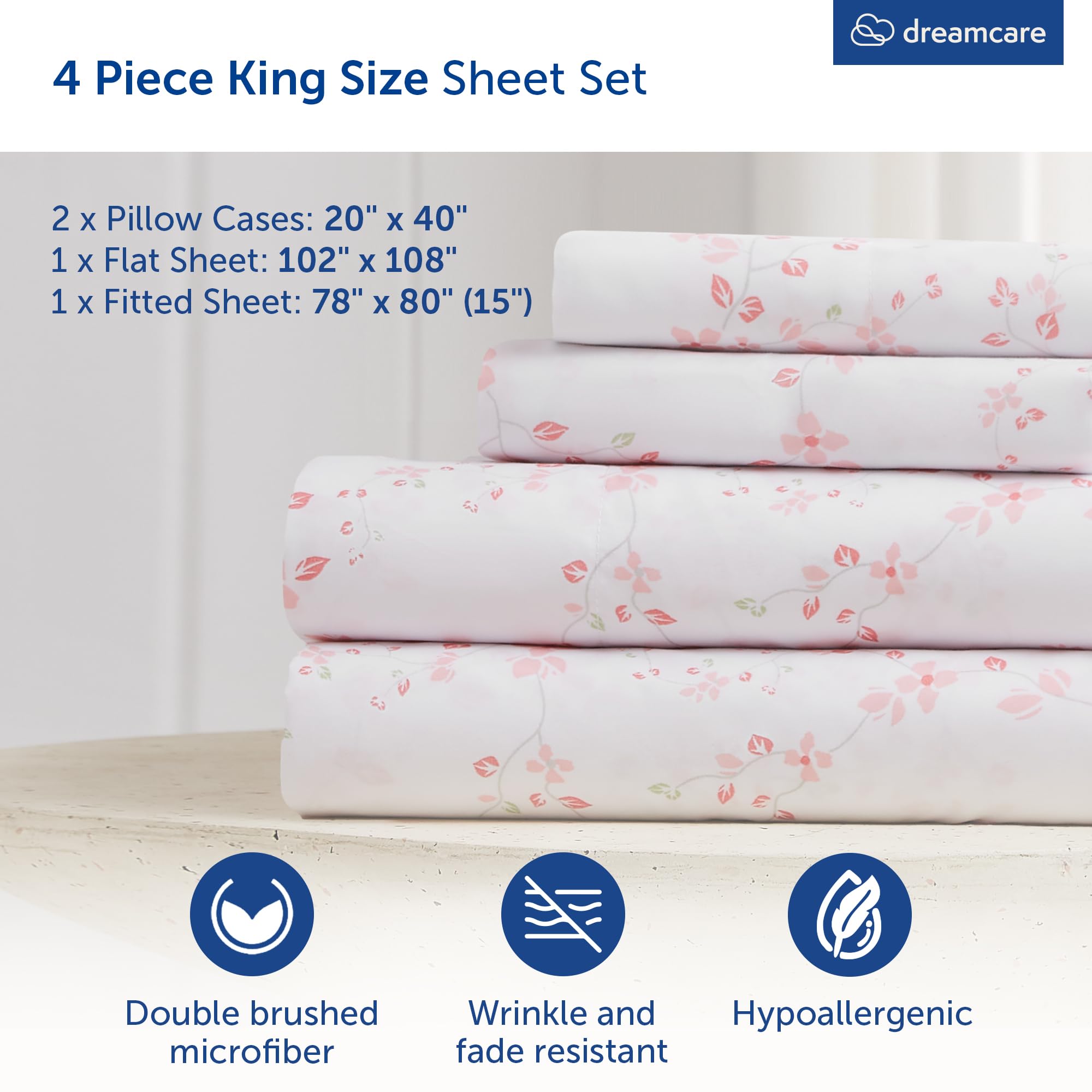DREAMCARE folded flat sheet and two pillowcases neatly stacked for tidy storage benefit