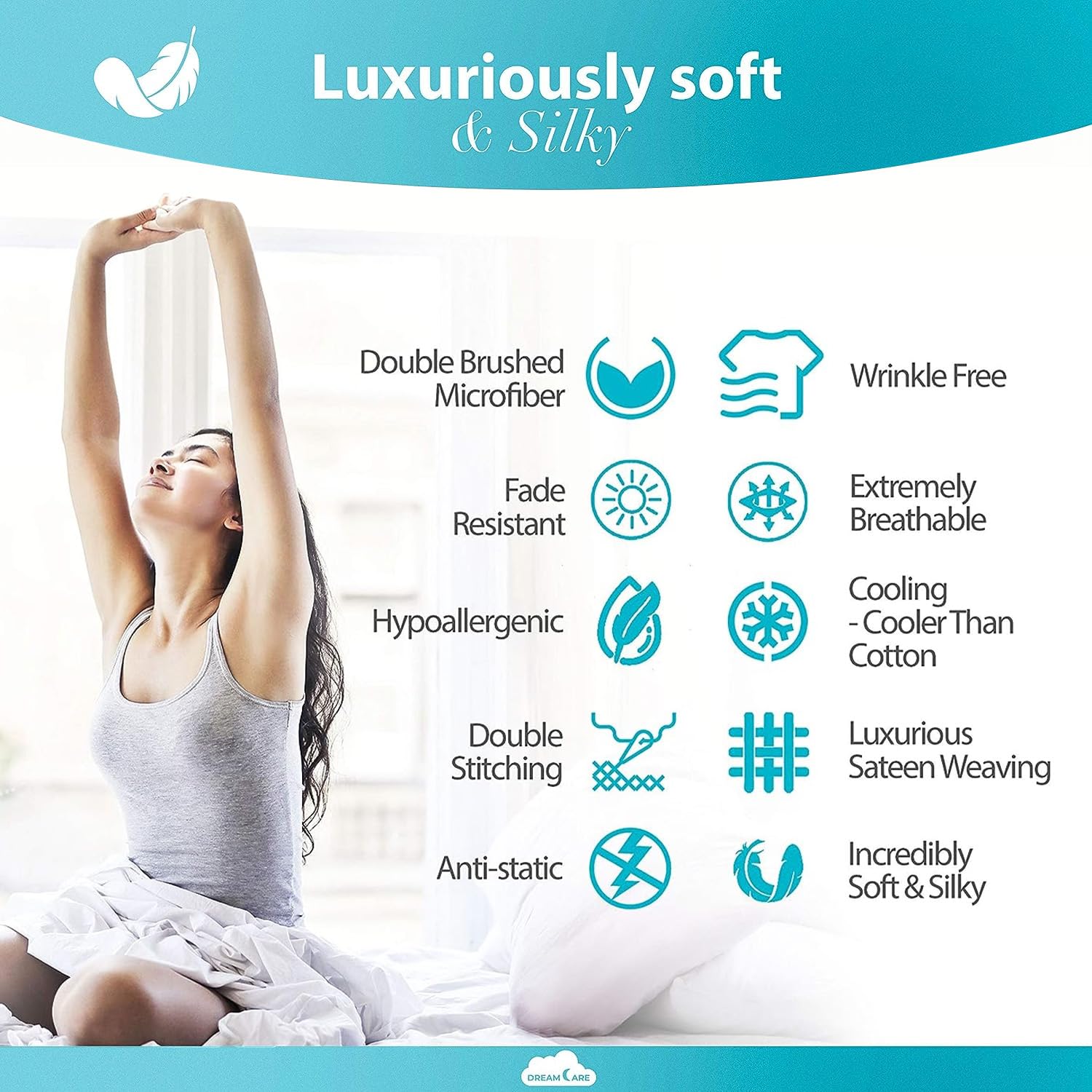 DREAMCARE made bed in bedroom setting demonstrating neat, wrinkle-resistant appearance