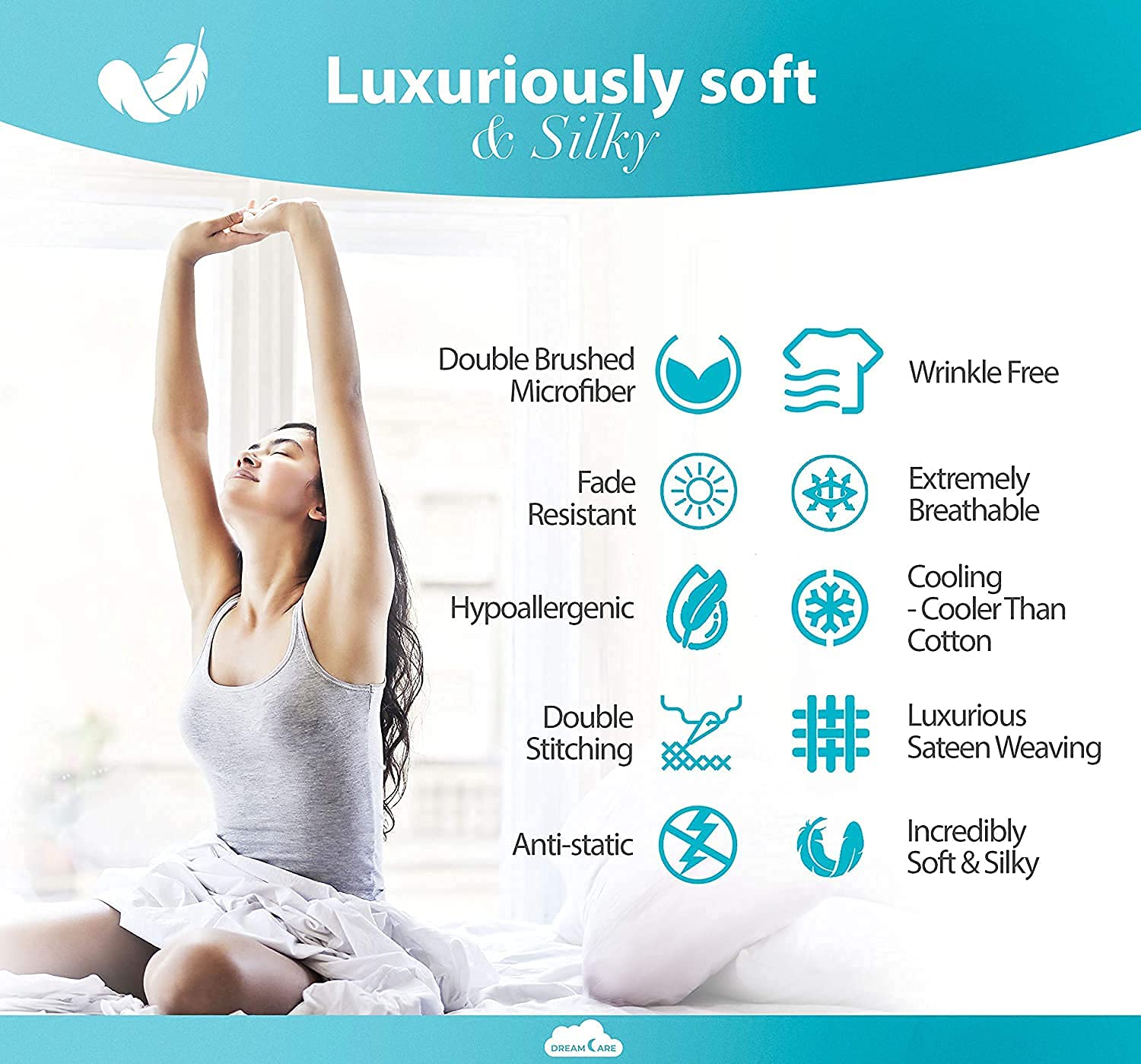 DREAMCARE stacked pillowcases showing set contents and size comparison