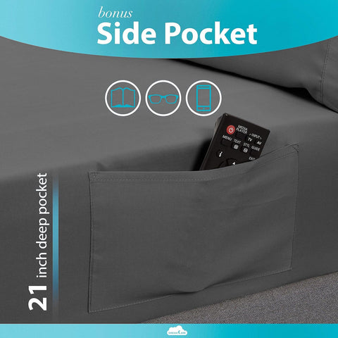 DREAMCARE side pocket closeup holding a phone for bedside convenience