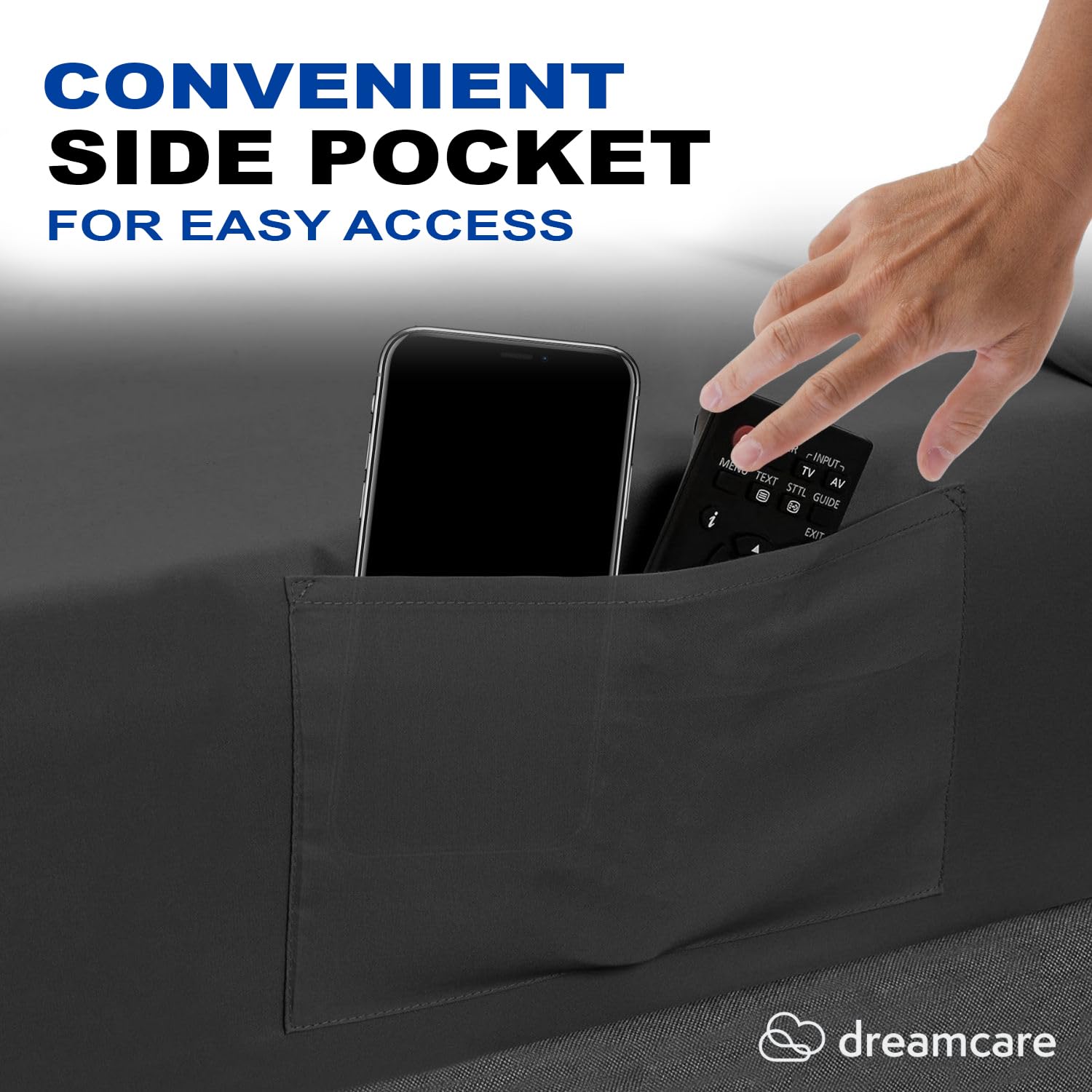 DREAMCARE side pocket with phone inside showing convenient bedside storage