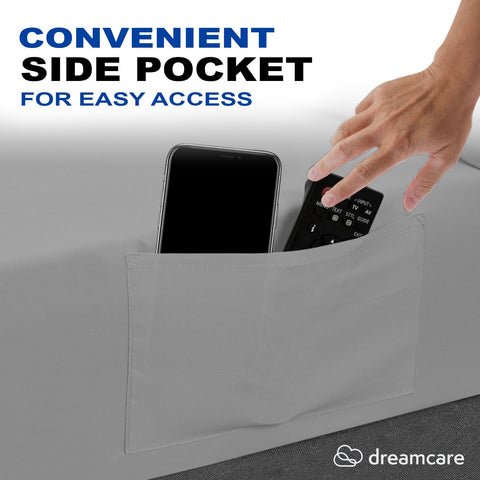 DREAMCARE side pocket detail holding phone illustrating handy bedside storage