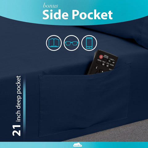 DREAMCARE fitted sheet side pocket detail holding a phone for easy bedside storage