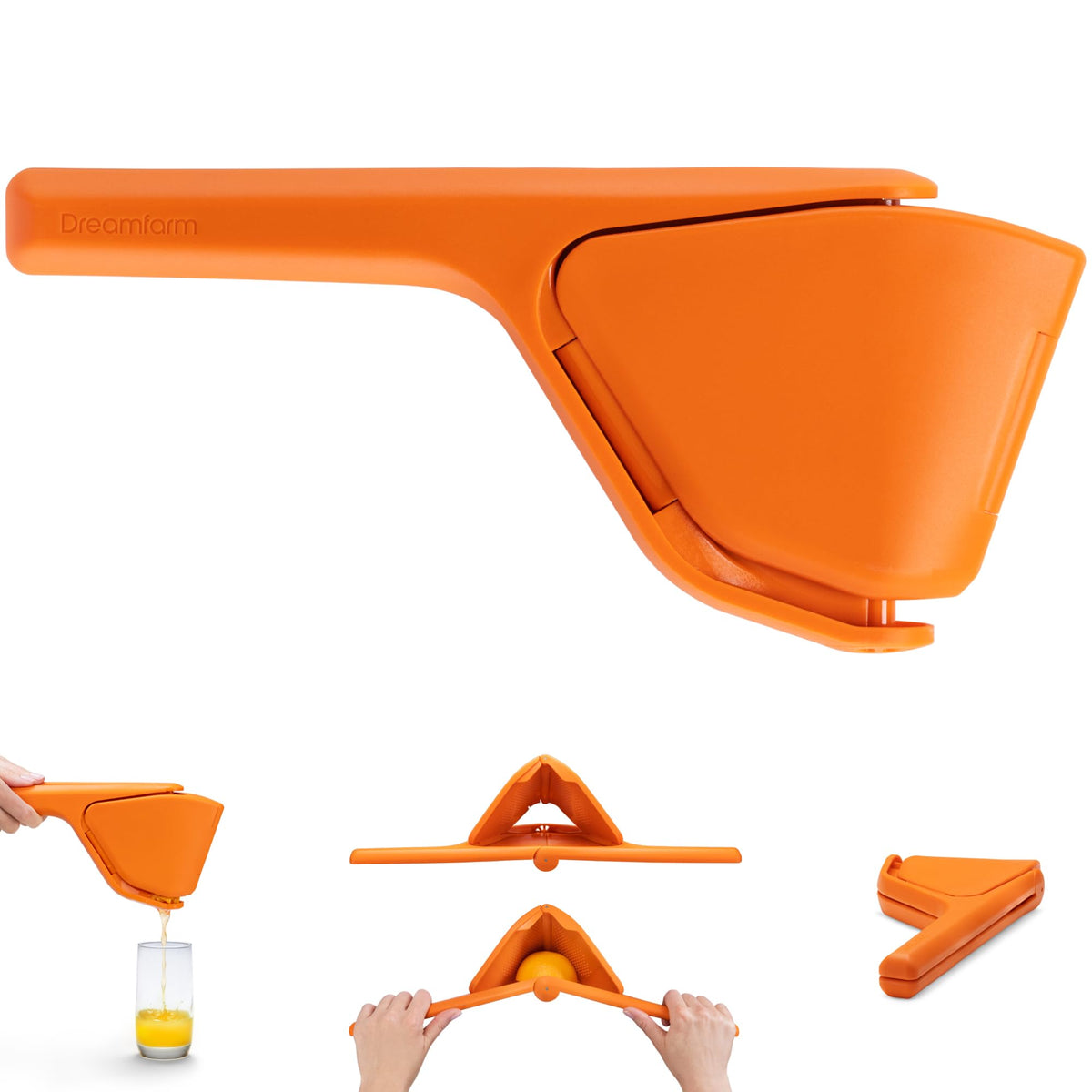 Dreamfarm Fluicer front view in orange showing compact design and quick juicing benefit