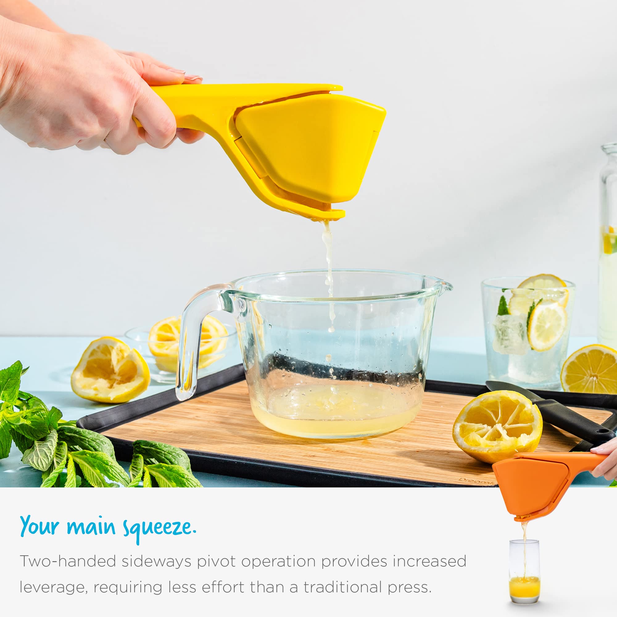 Dreamfarm Fluicer pressing an orange into a glass illustrating efficient juice extraction