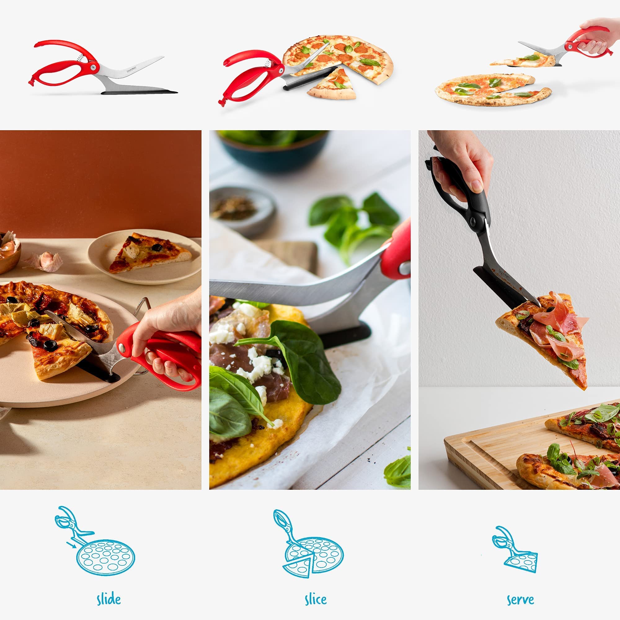 Dreamfarm Scizza cutting a hot pizza demonstrating fast, clean slice and easy control