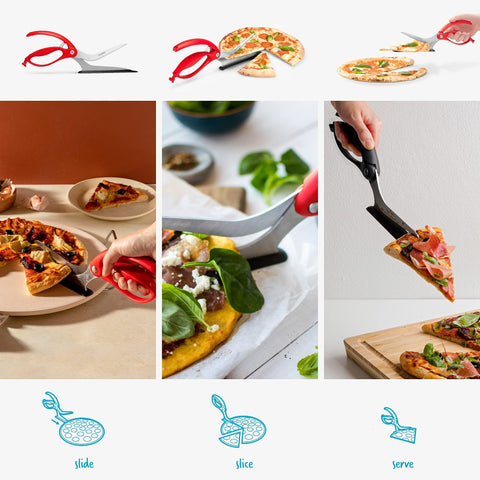 Dreamfarm Scizza cutting a hot pizza demonstrating fast, clean slice and easy control