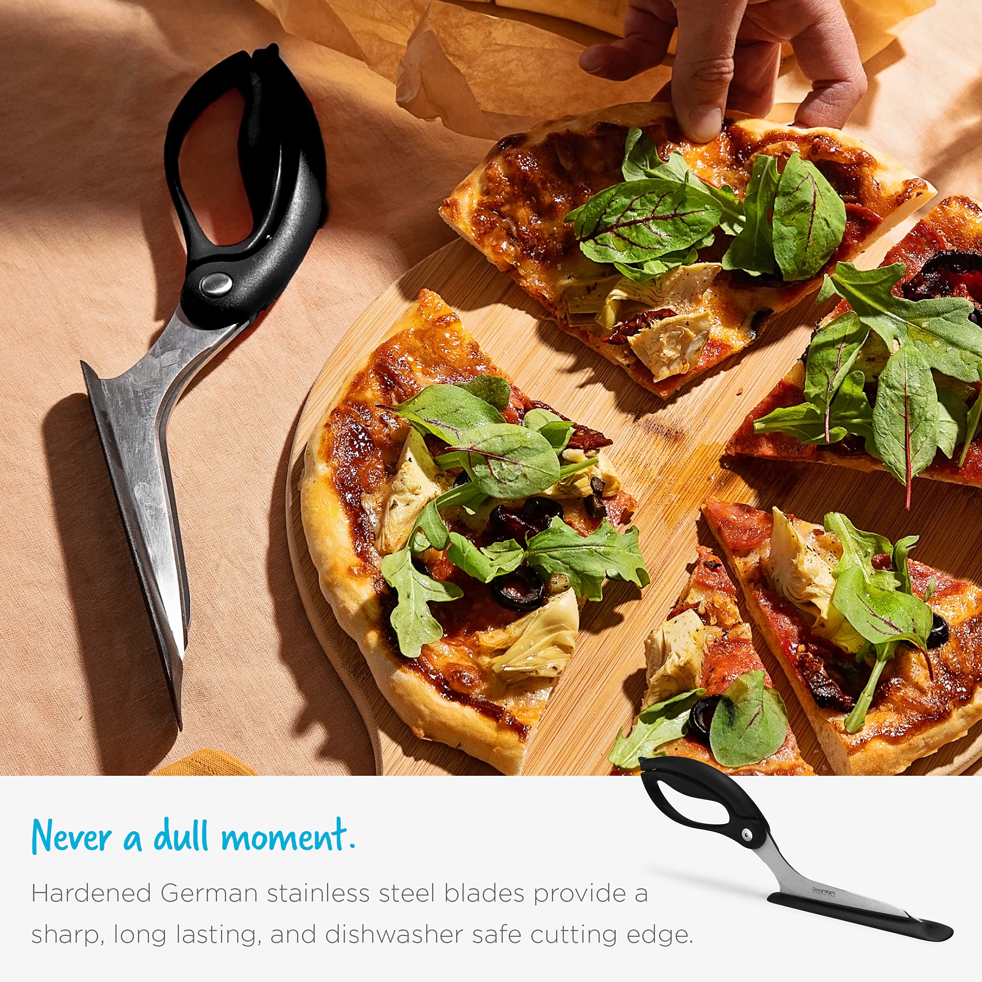 Dreamfarm Scizza packaging and label highlighting product features and durability