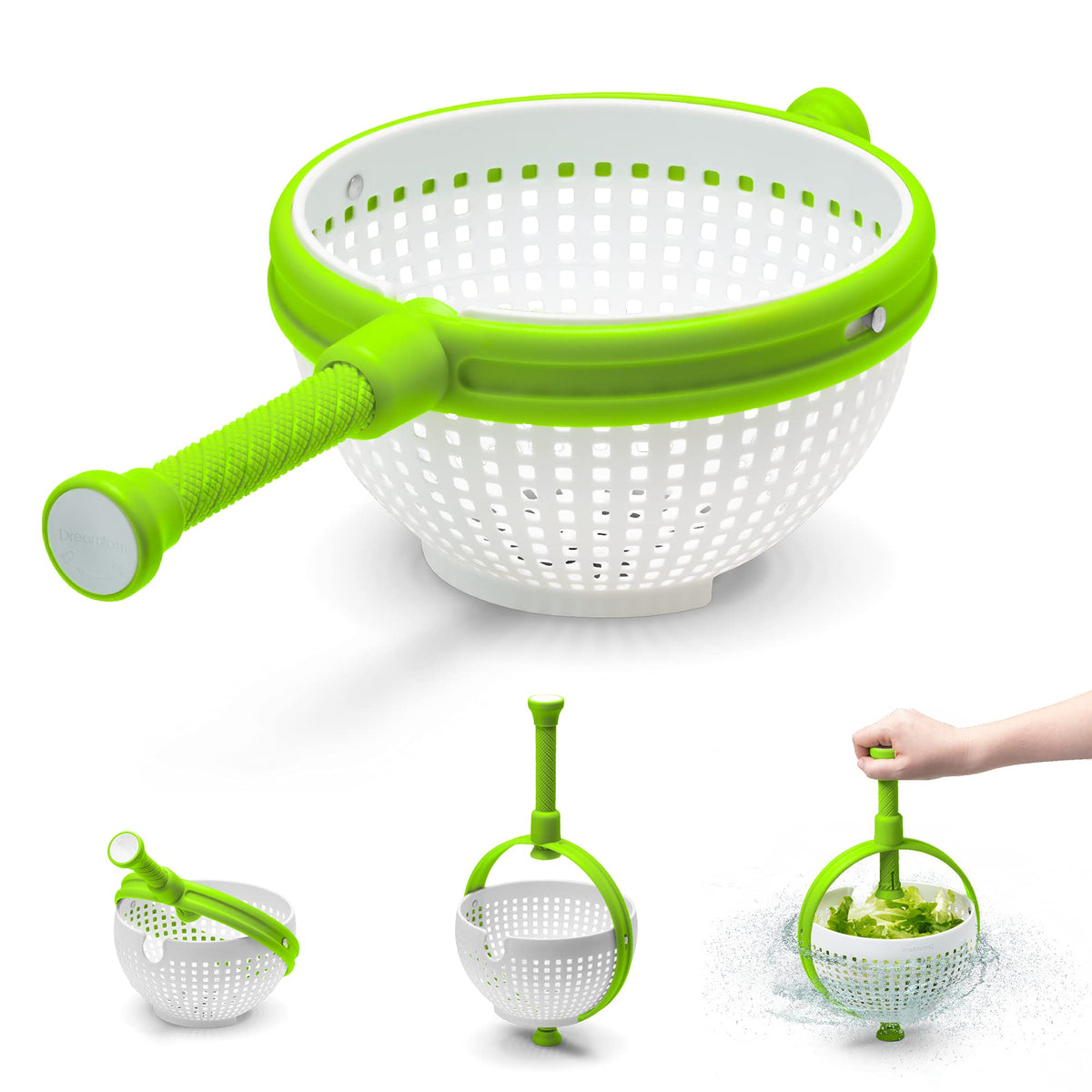Dreamfarm Spina front view showing compact spinner and colander — saves space