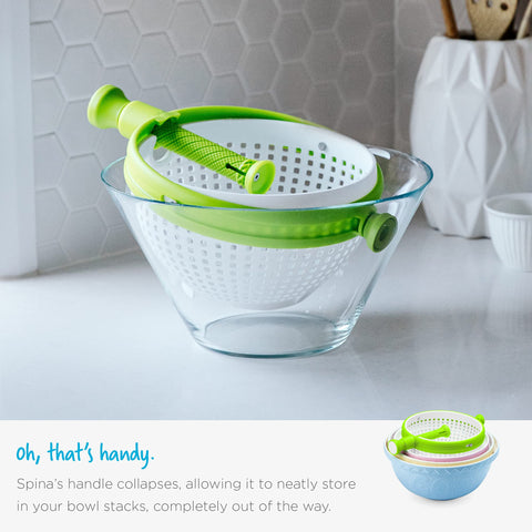 Dreamfarm Spina nested in stacked bowls demonstrating space-saving storage