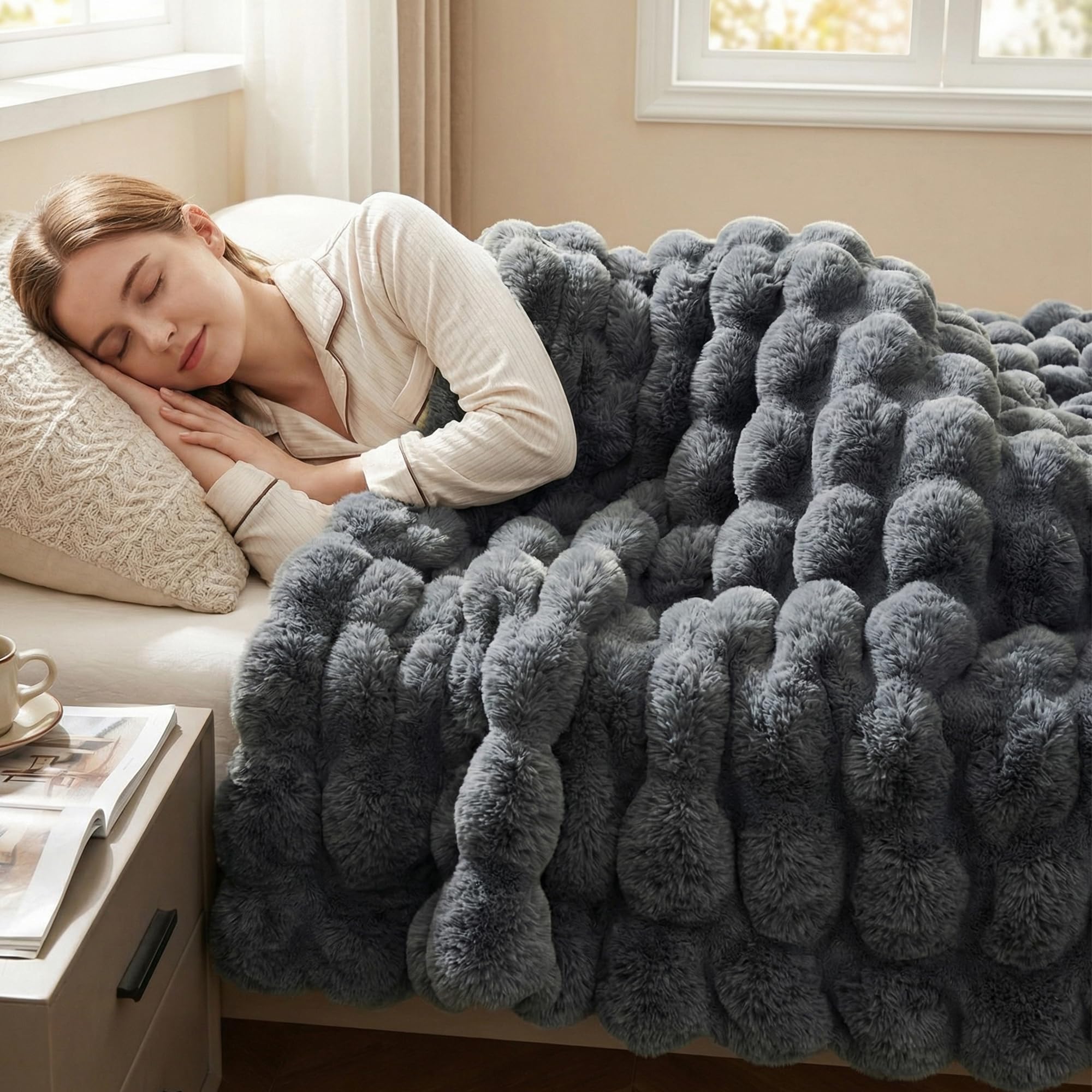 DREAMNINE front view grey faux bubble throw showing plush surface benefit comfort