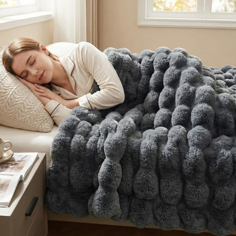 DREAMNINE front view grey faux bubble throw showing plush surface benefit comfort