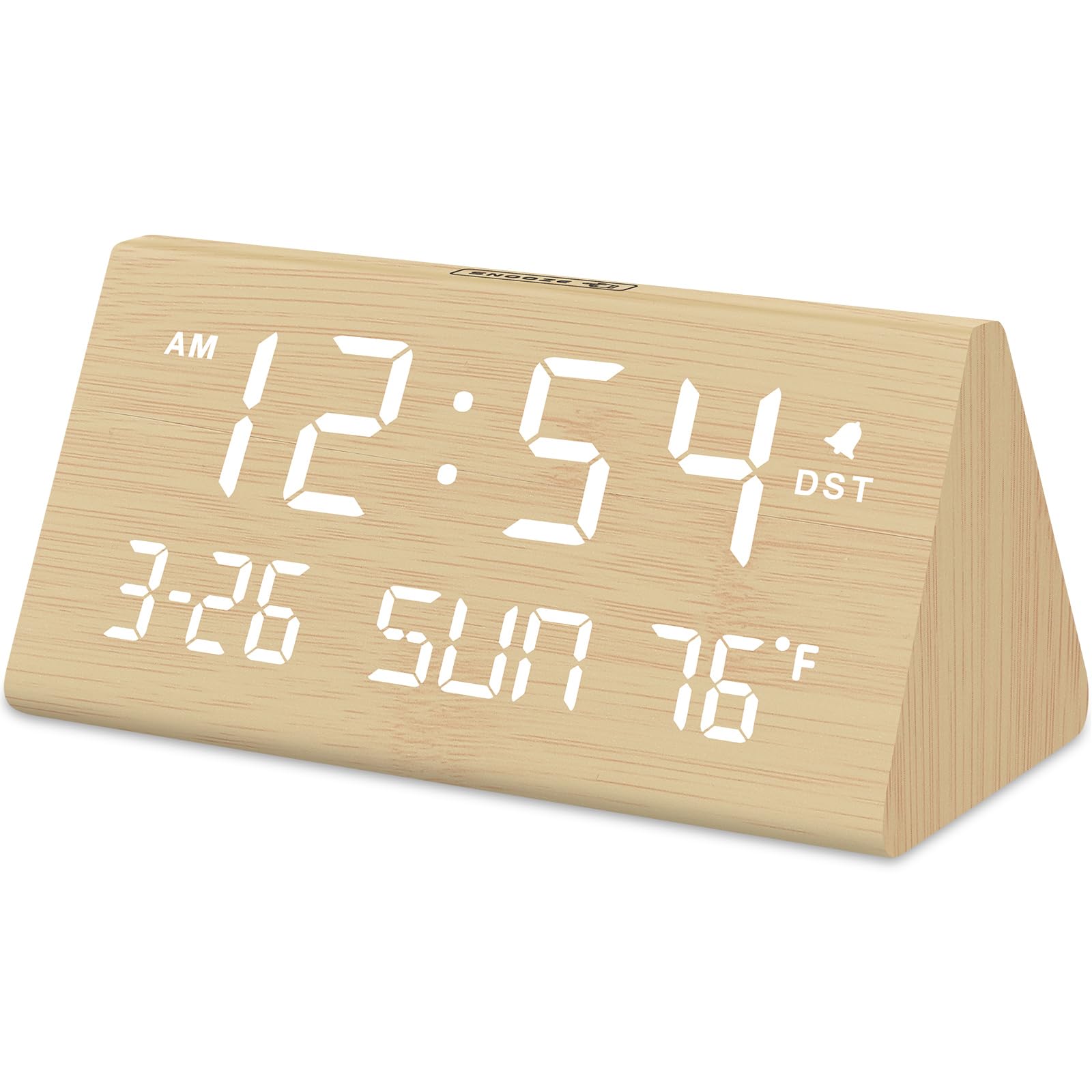 DreamSky front view wooden alarm clock showing clear large time display and modern look