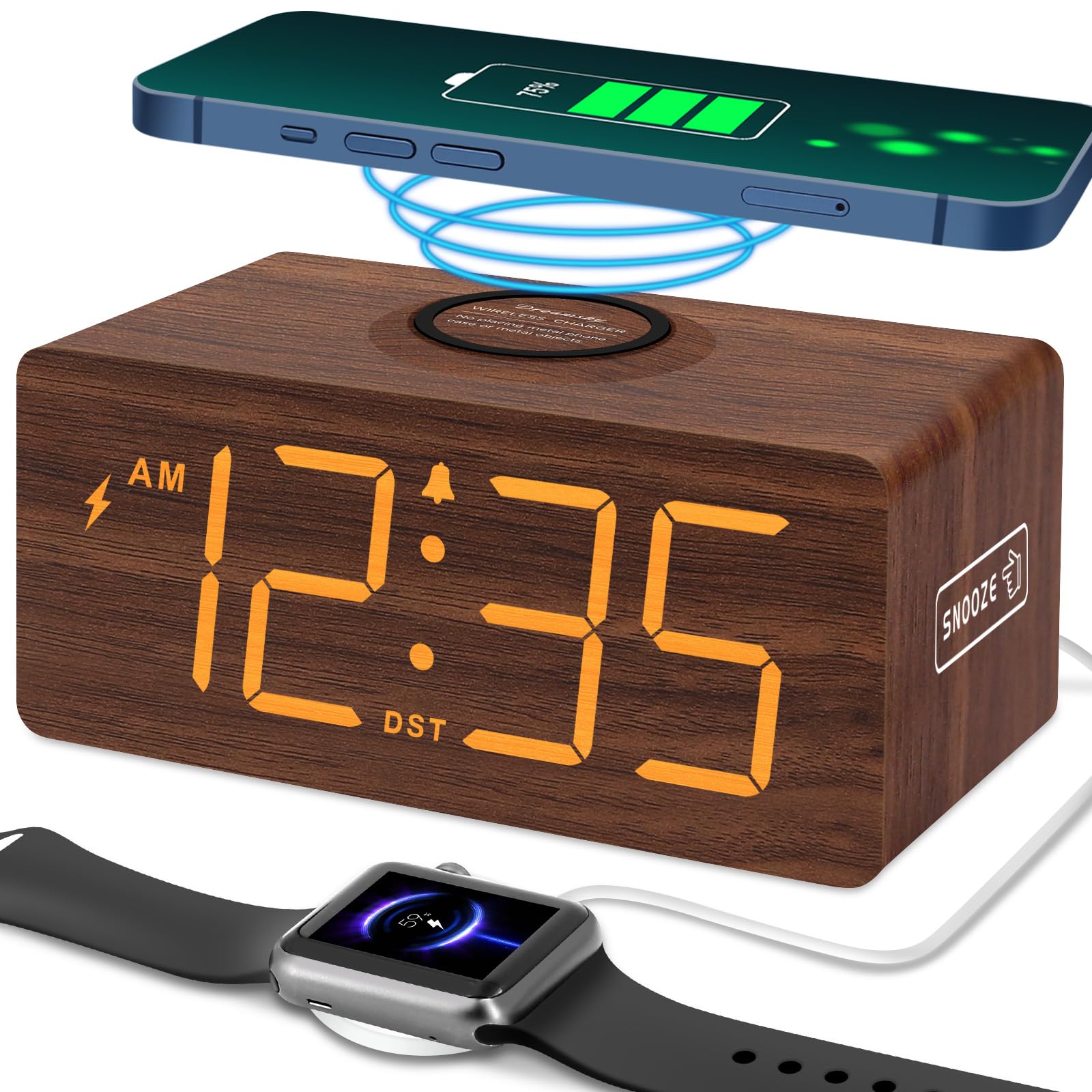 DreamSky front view wooden digital alarm clock showing clear time and tidy bedside benefit