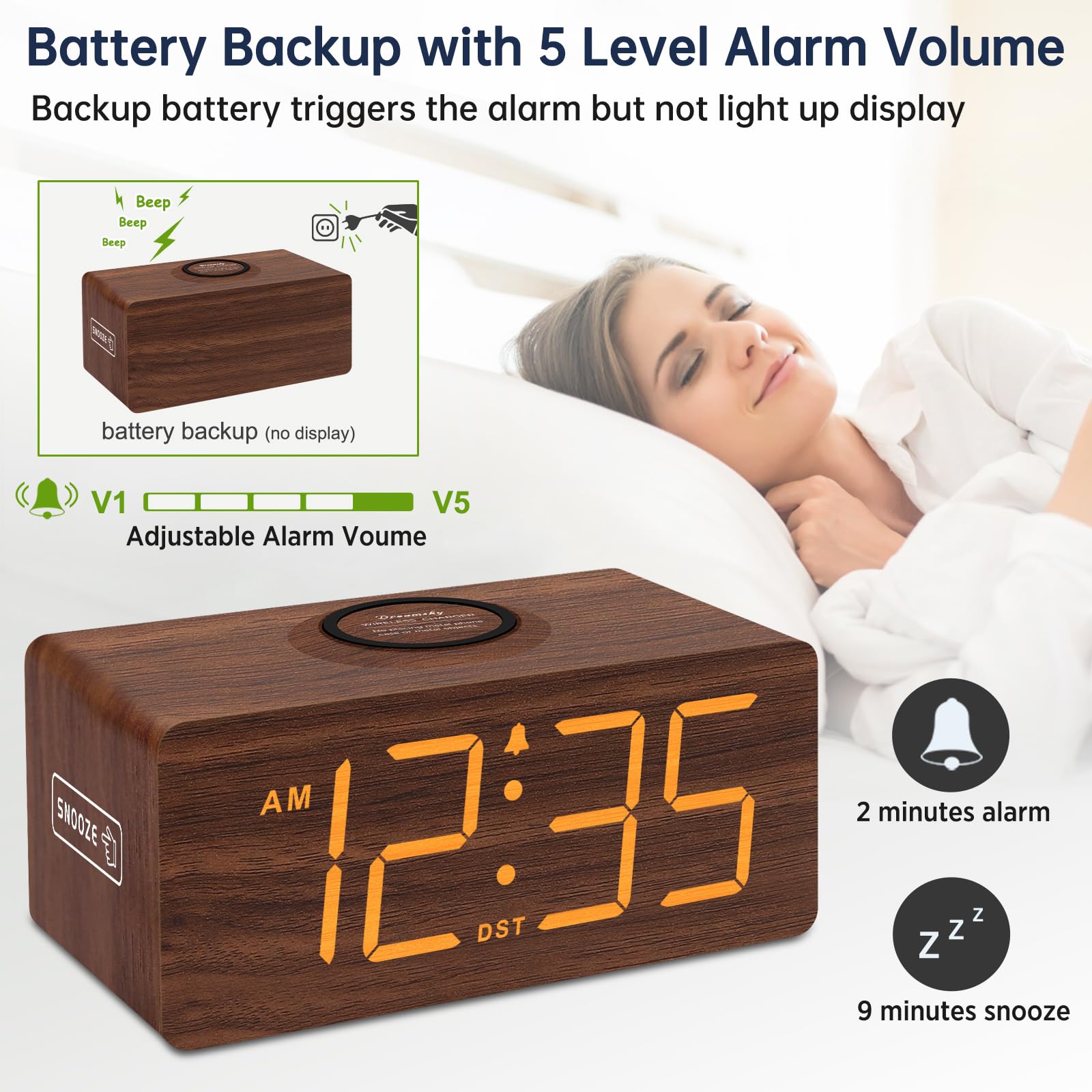 DreamSky on a nightstand beside lamp and book showing organized, cable-free setup