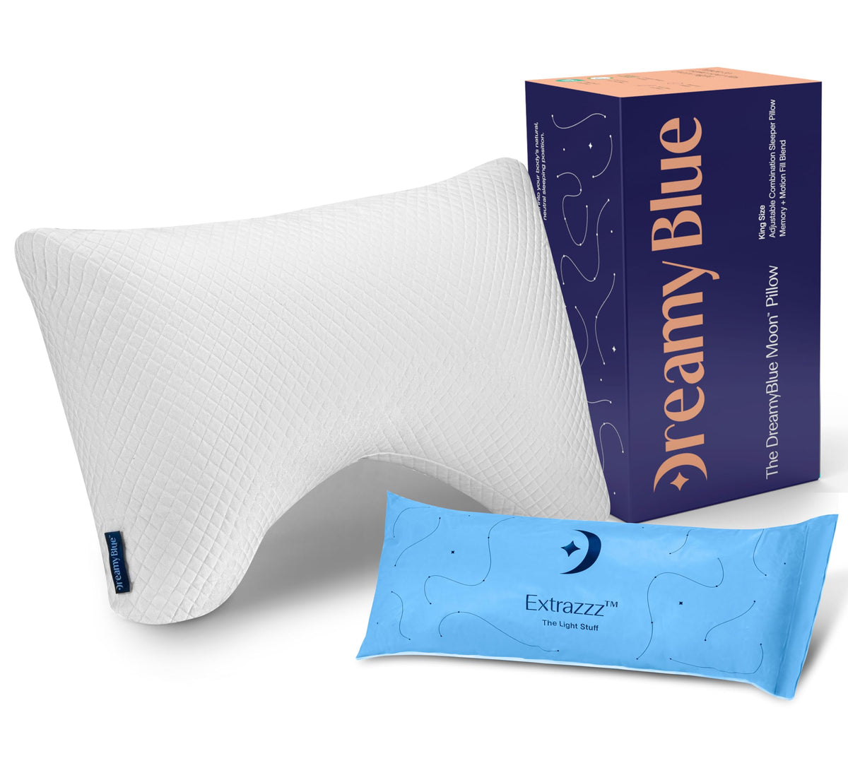 DreamyBlue front view of Moon Pillow showing contoured shape and neat cover for better shoulder support
