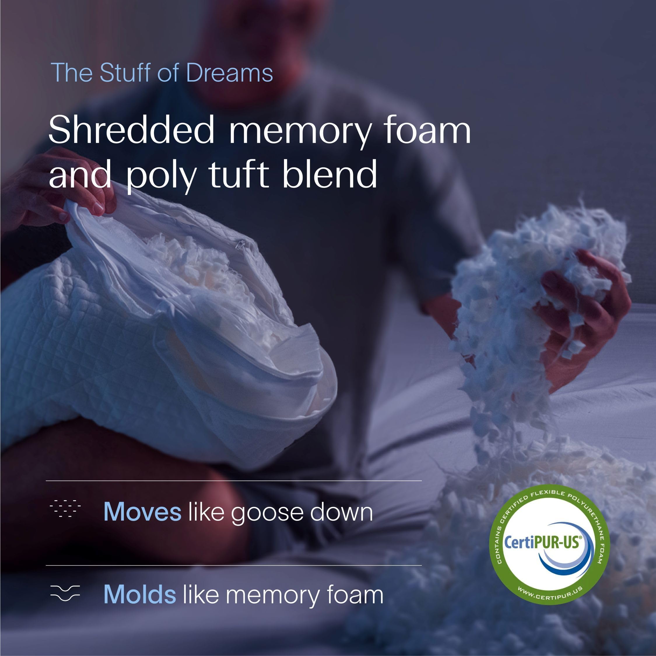 DreamyBlue close-up of shredded memory foam and down-like tufts showing adaptive texture