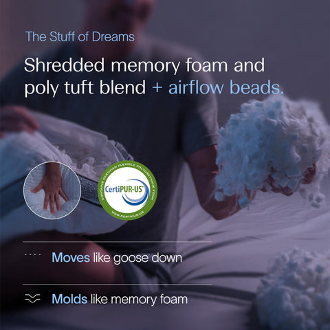 DreamyBlue macro view of shredded foam, poly tufts, and gel beads for balanced comfort