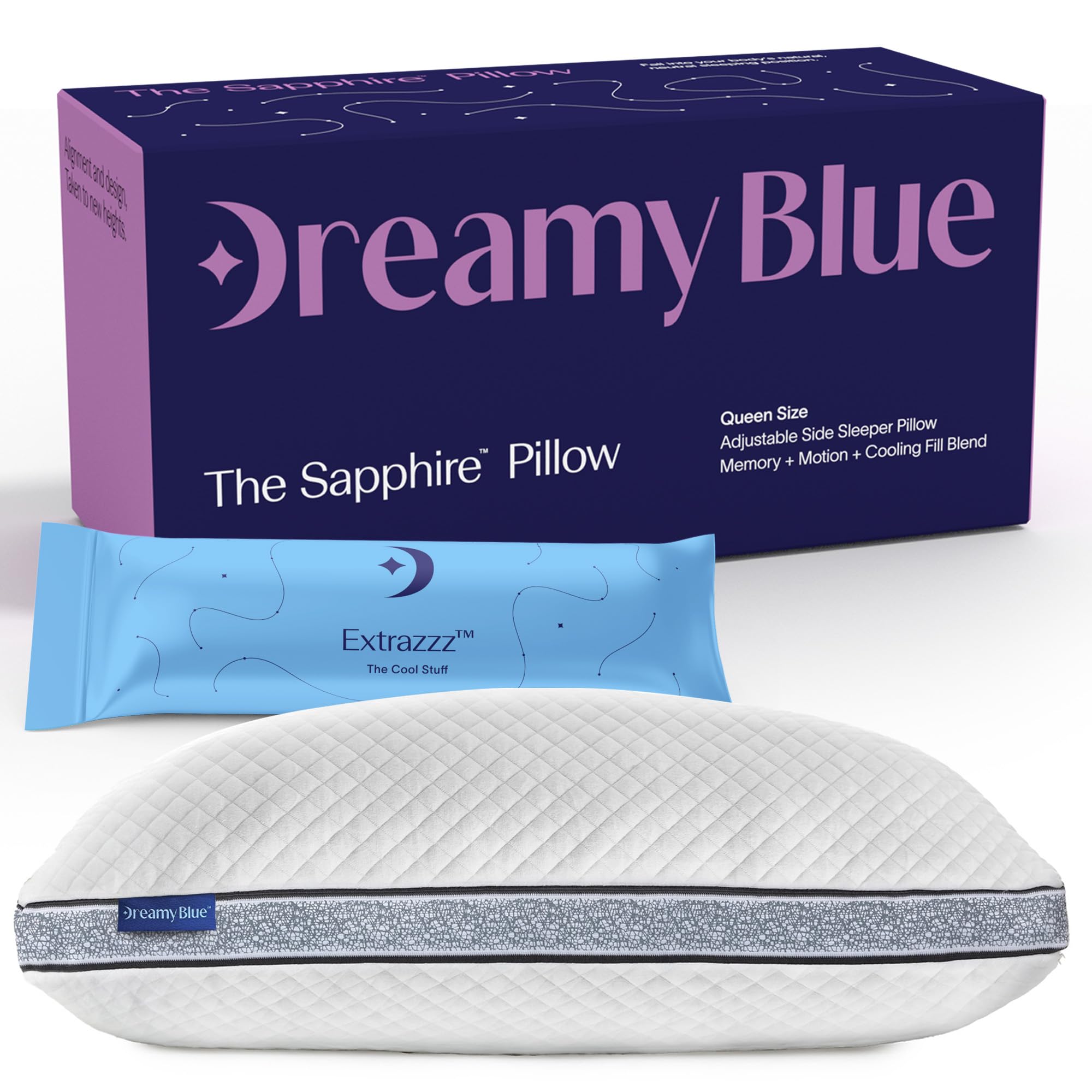 DreamyBlue front view of king pillow showing full gusset and shape for better support
