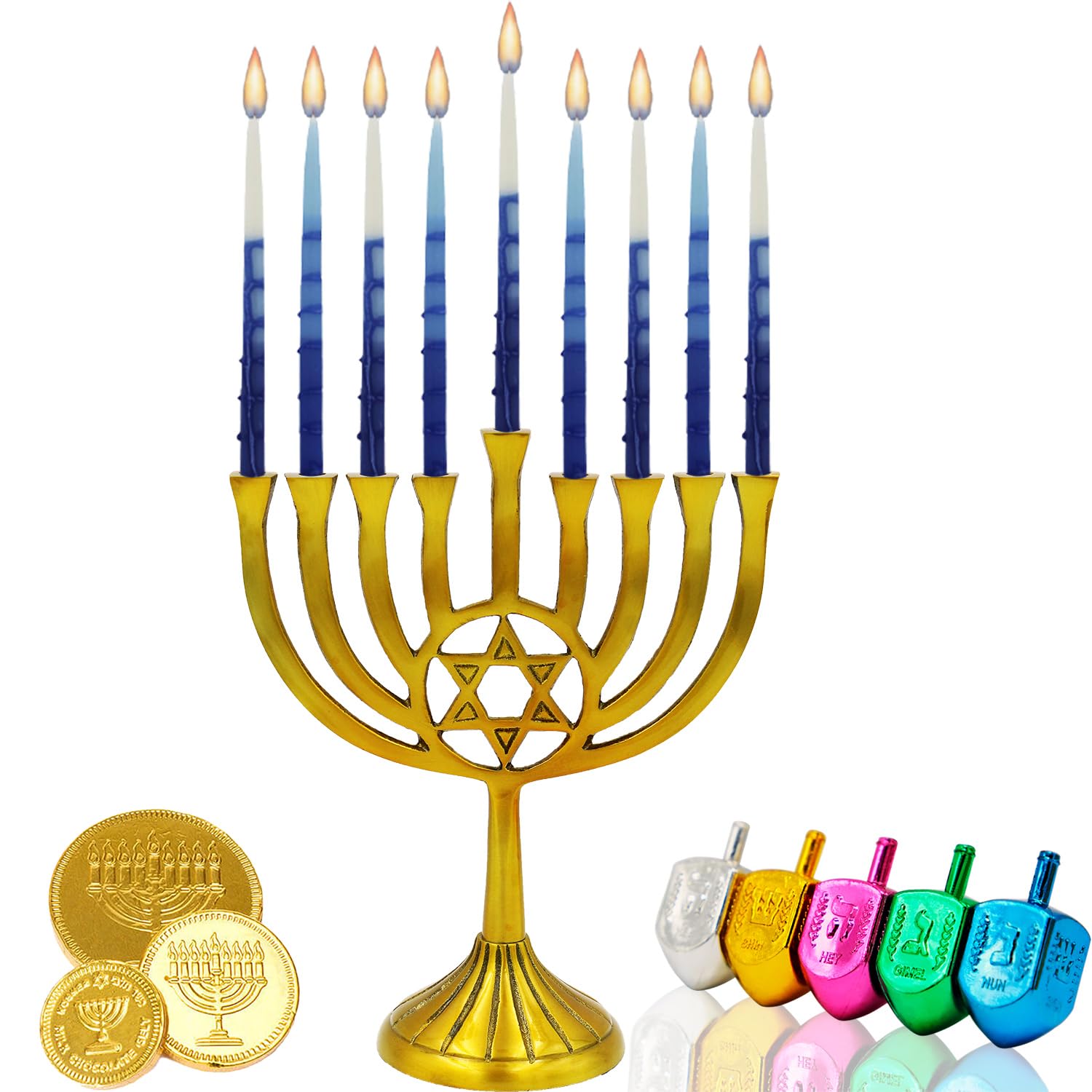 The Dreidel Company lit menorah at night with candles glowing evenly, creating festive ambiance
