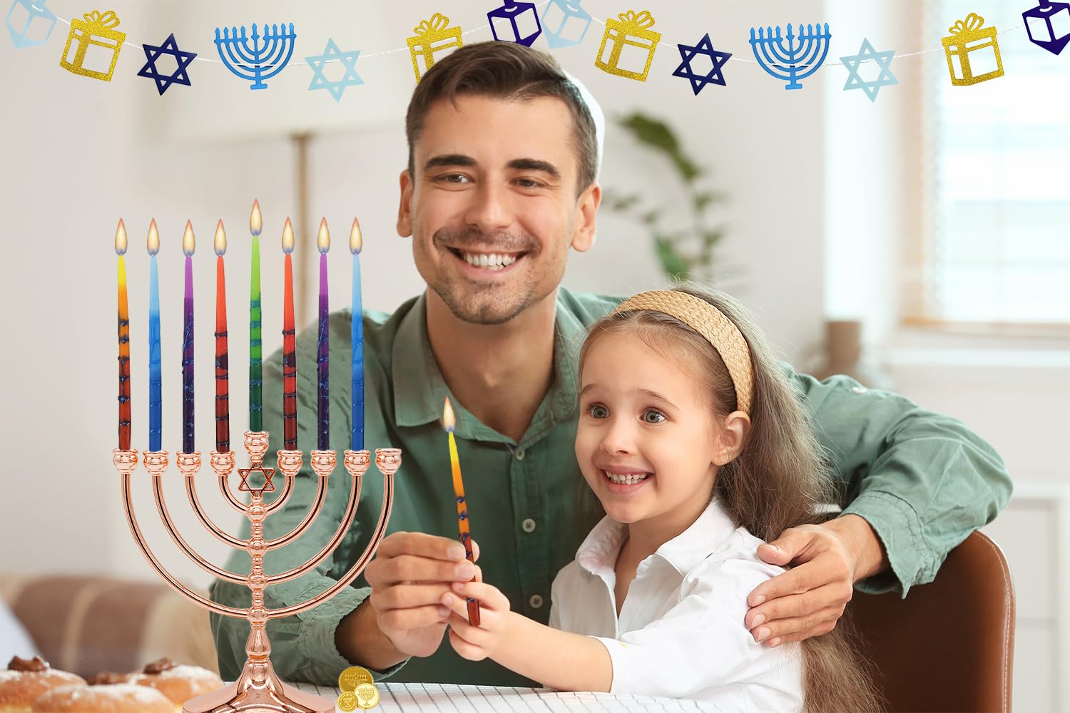 The Dreidel Company candle beside a ruler showing 5.5 inch length and 3/8 inch base for proper fit