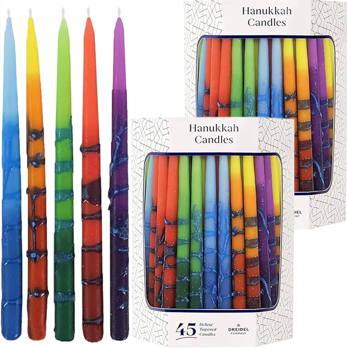The Dreidel Company front box display showing colorful striped candles and clear labeling, ideal for gift giving