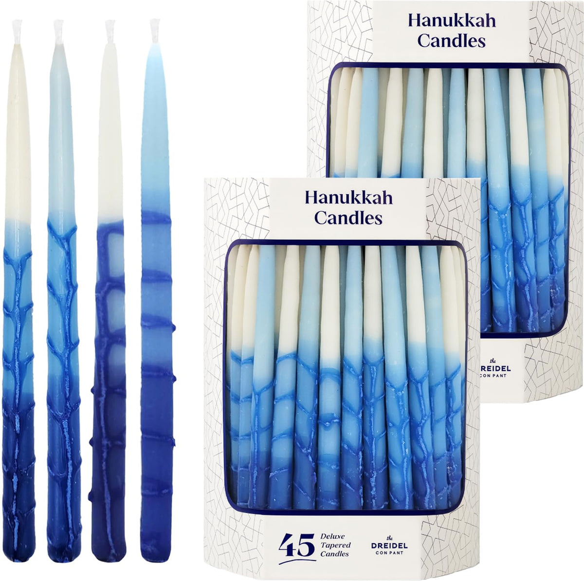 The Dreidel Company front box showing 45 pastel blue and white candles, great for eight nights