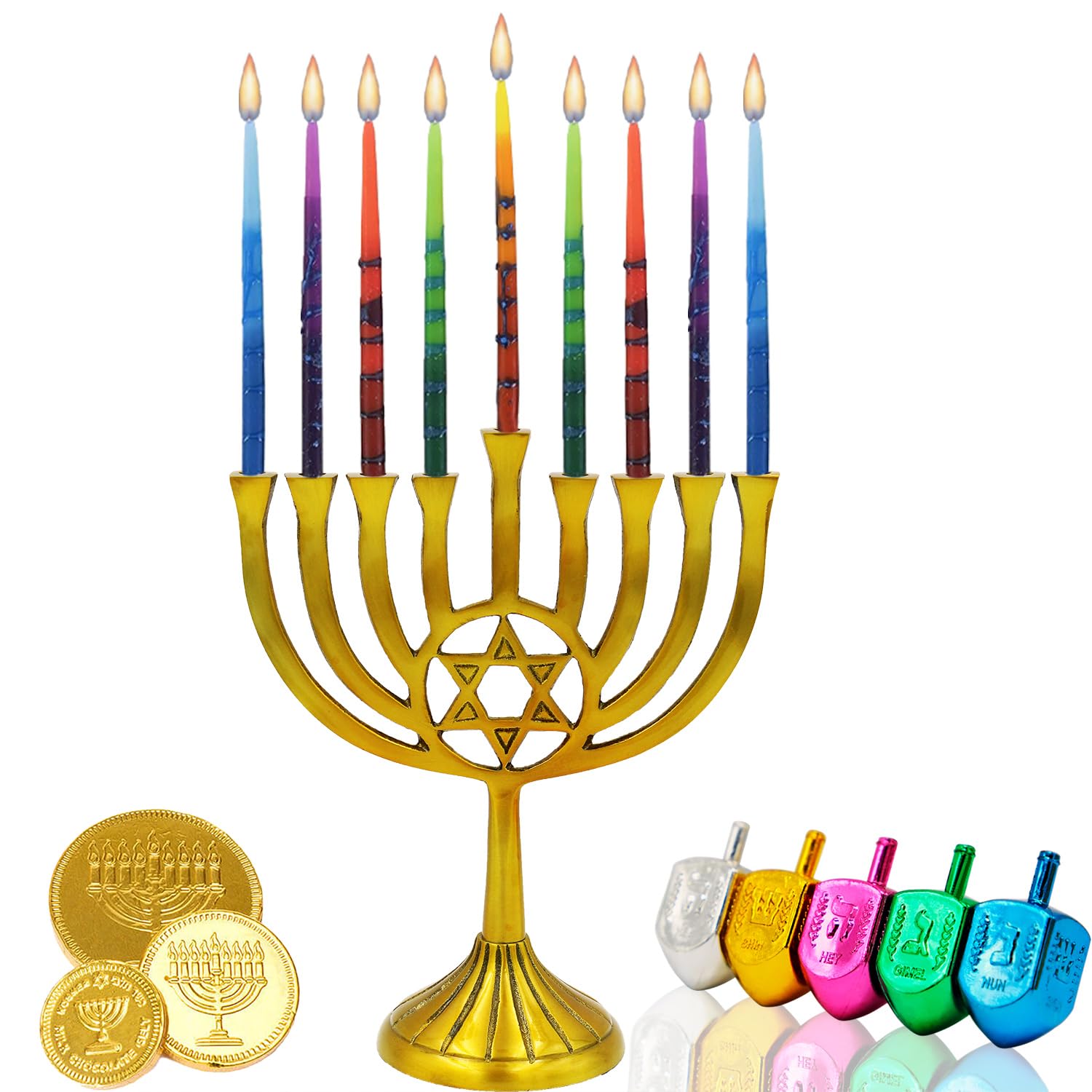 The Dreidel Company menorah with lit multicolored tapers illustrating festive lighting for family gatherings