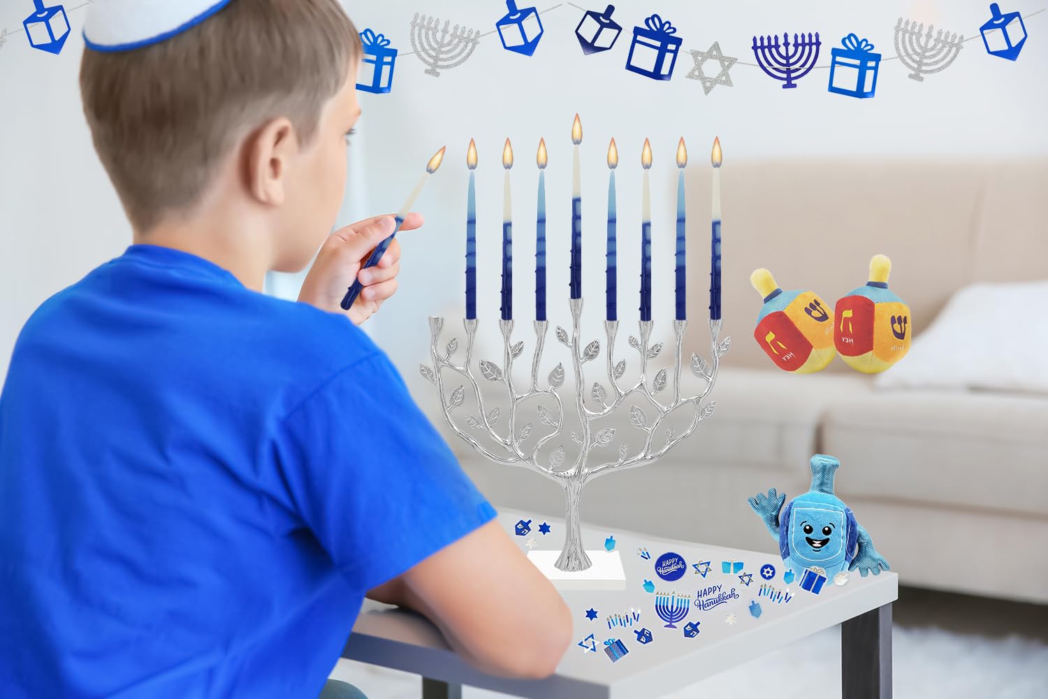 The Dreidel Company candle beside a ruler showing standard 3/8-inch diameter for proper fit