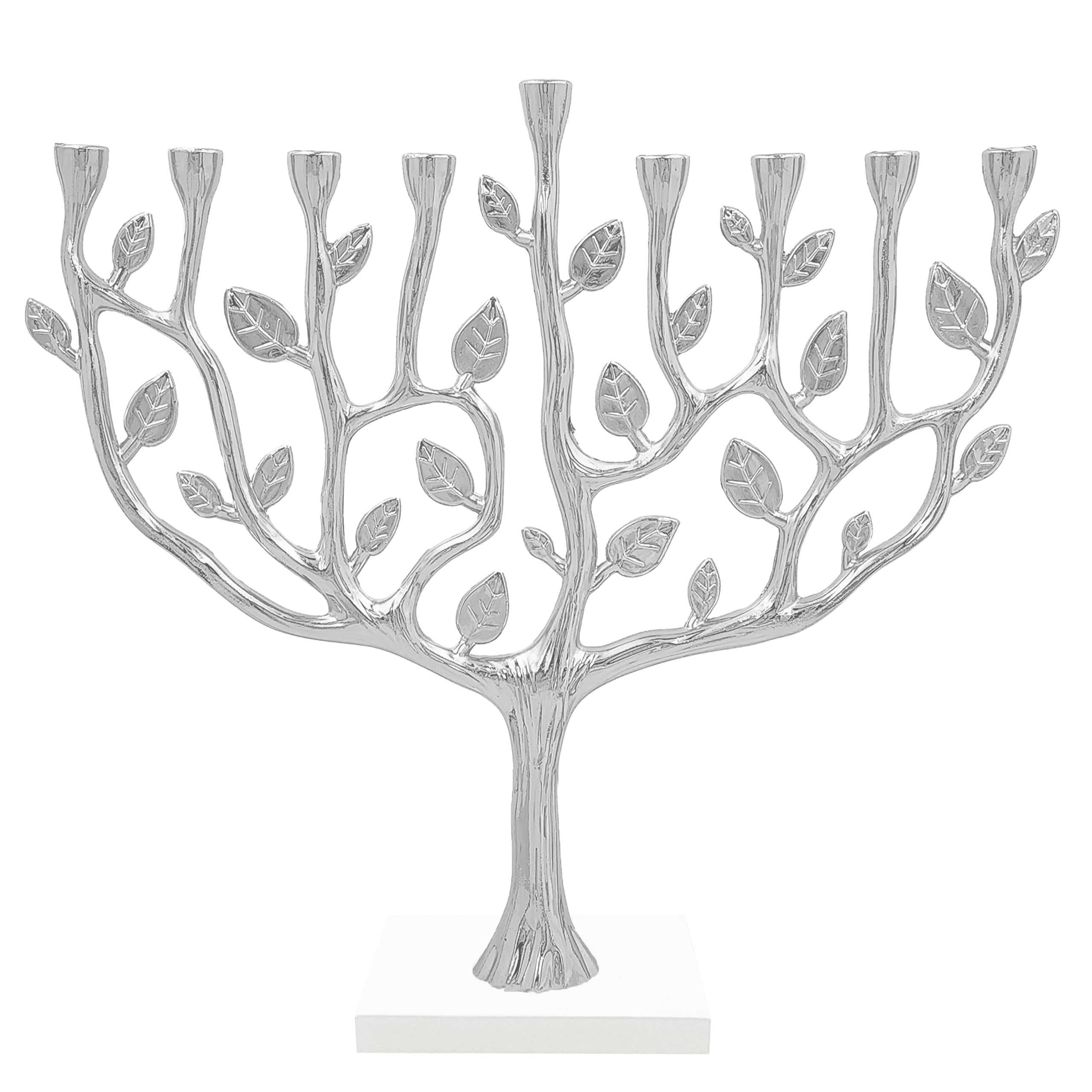 The Dreidel Company silver Tree of Life menorah front view showing elegant profile and ceremonial benefit