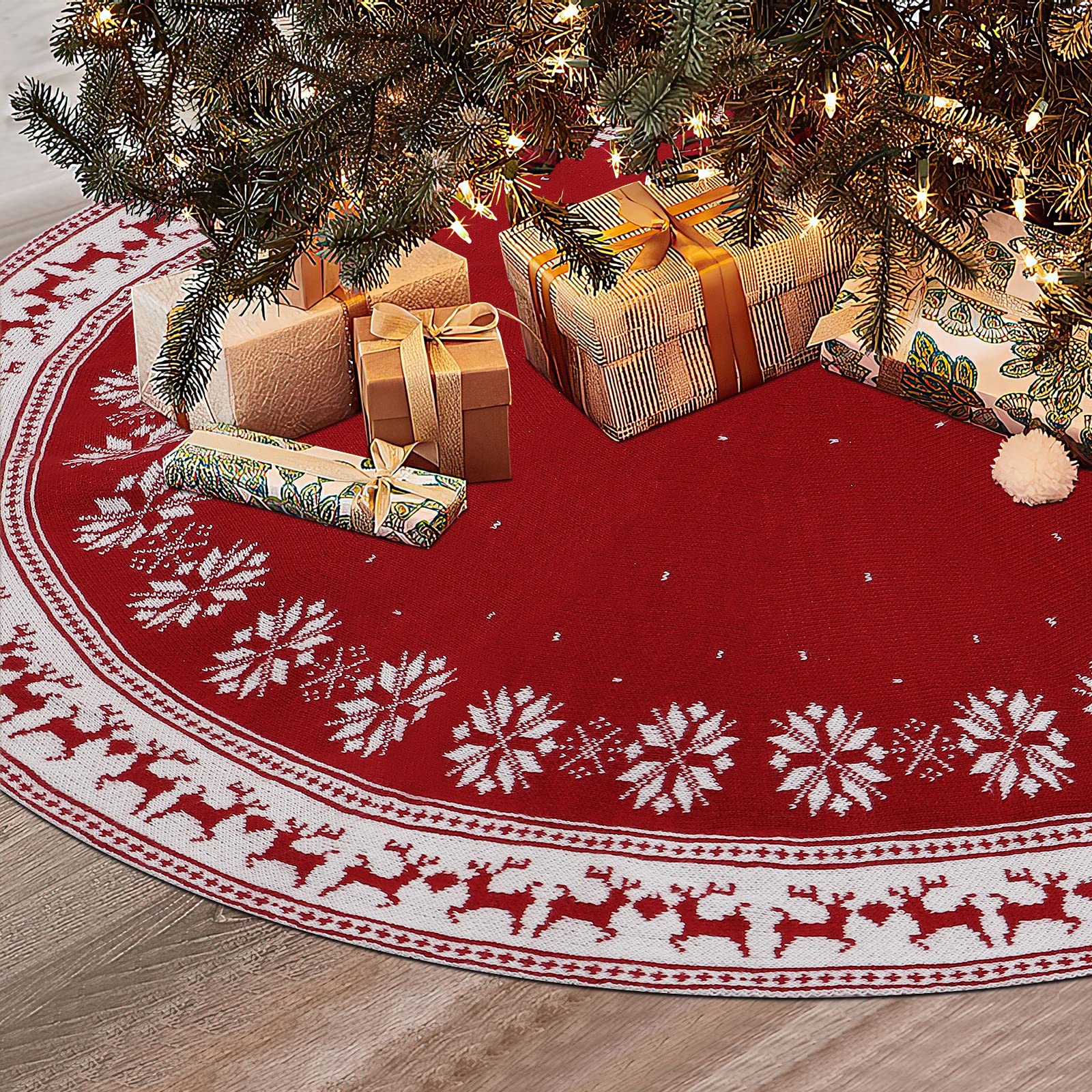 Dremisland front view of red knit tree skirt hides stand and adds warmth