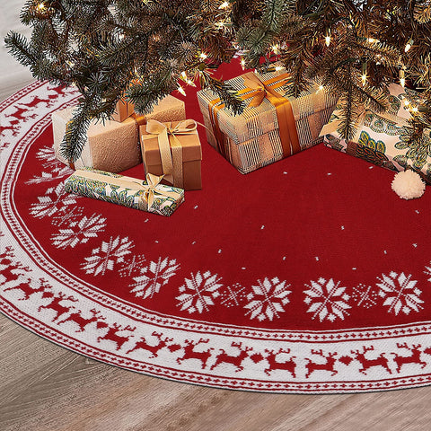 Dremisland front view of red knit tree skirt hides stand and adds warmth